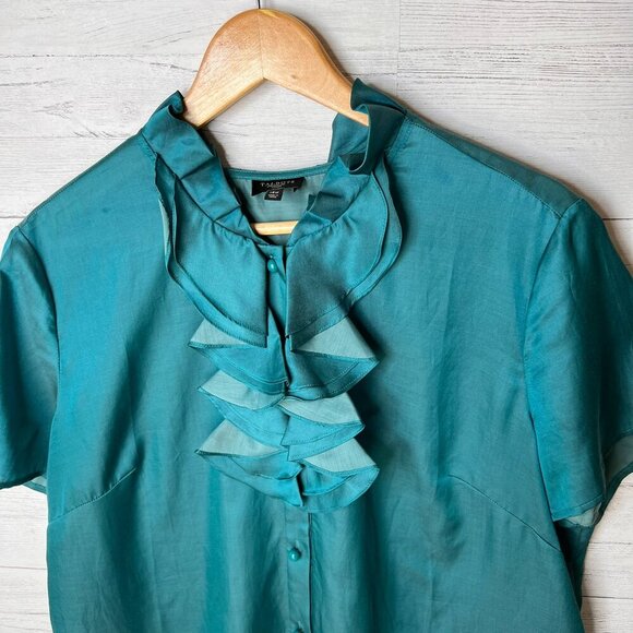 Talbots Top Womens Size 14W Dark Teal Ruffle Silk Blend Button Down Blouse - Picture 8 of 16